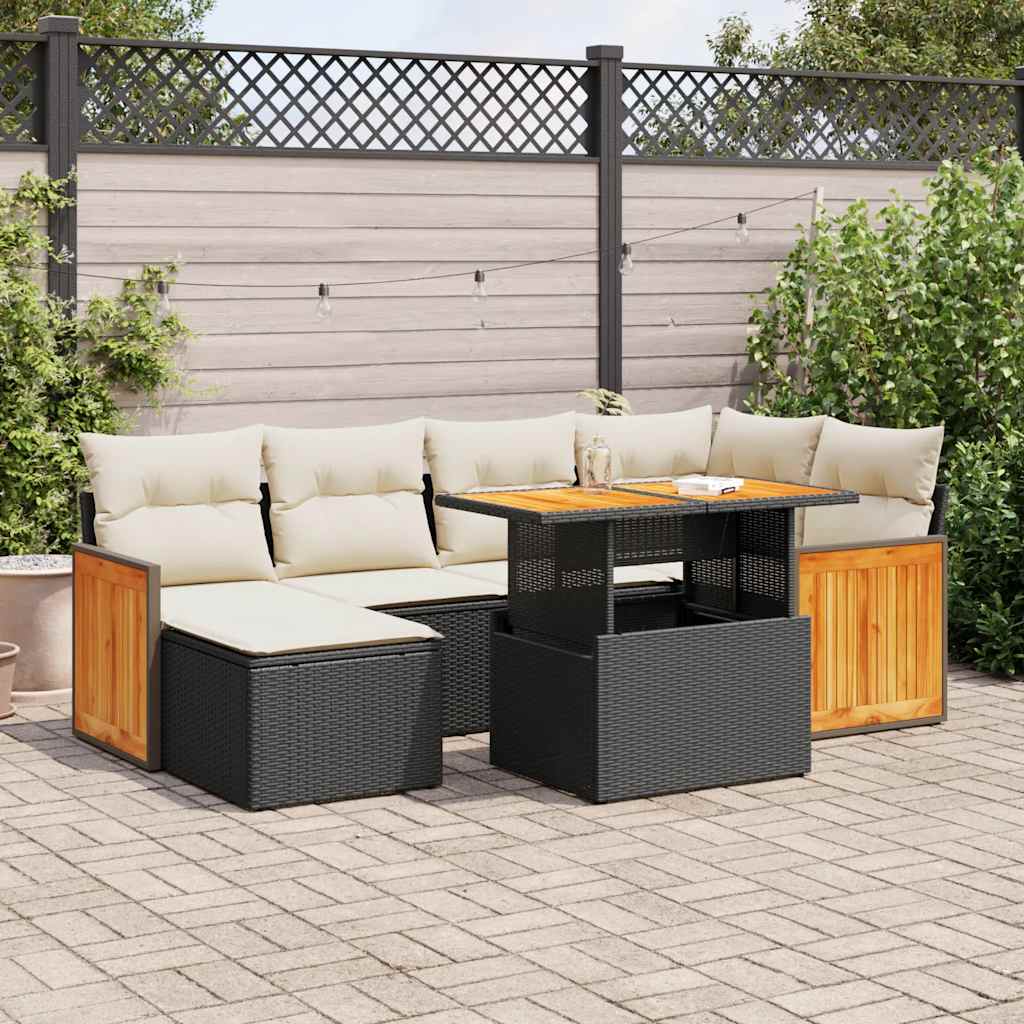Set Divani da Giardino con Cuscini 7pz Nero Polyrattan Acacia | homemem39