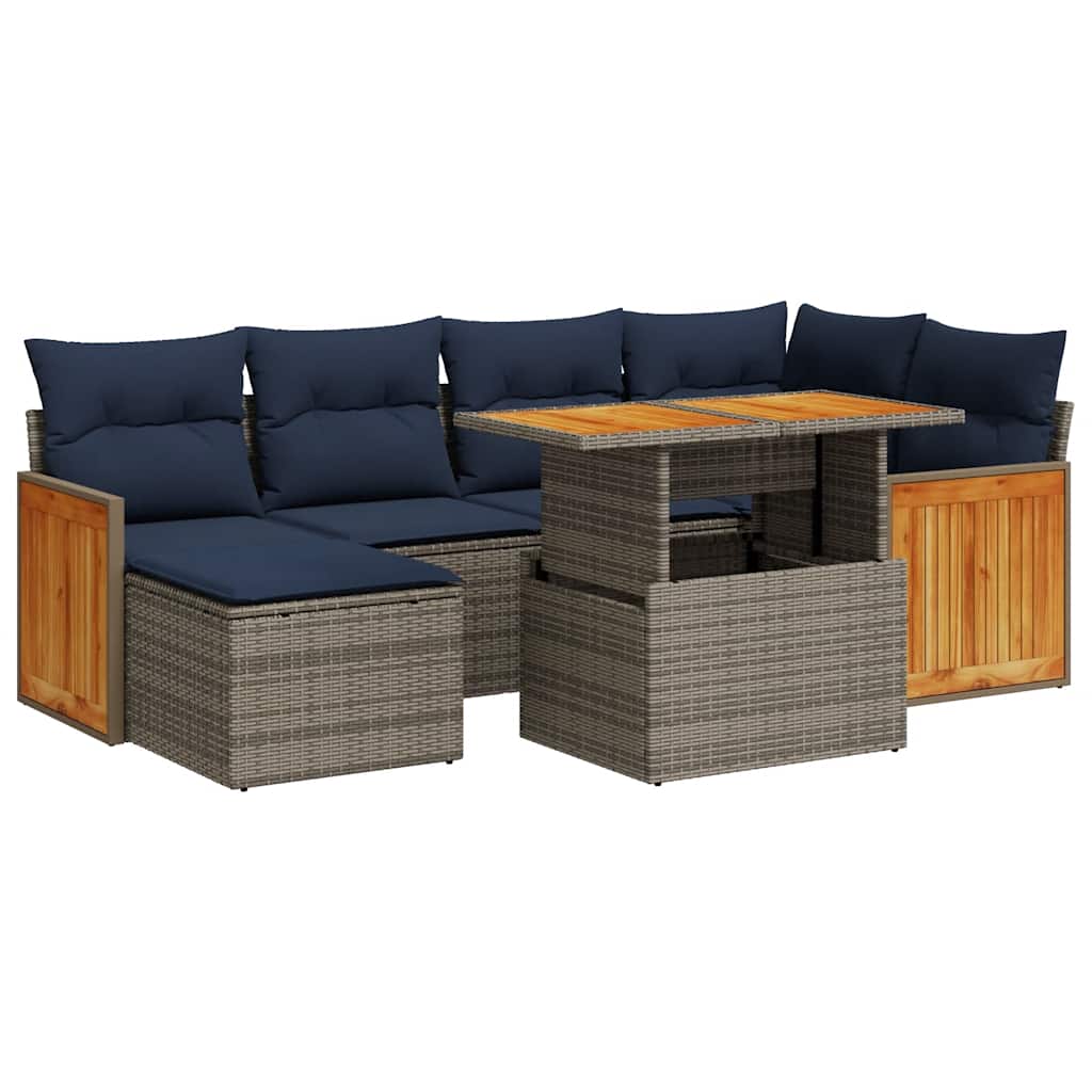 Set Divani da Giardino con Cuscini 7pz Nero Polyrattan Acacia