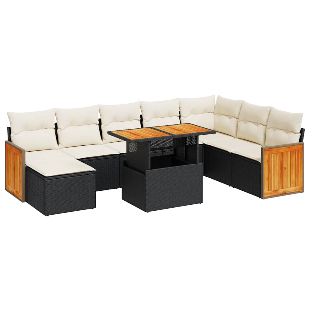 Set Divani da Giardino 9 pz con Cuscini Nero Polyrattan Acacia