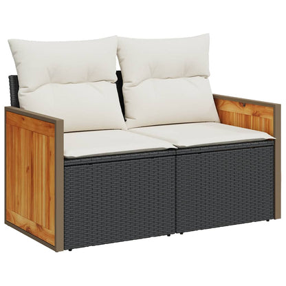 Set Divani da Giardino 9 pz con Cuscini Nero Polyrattan Acacia