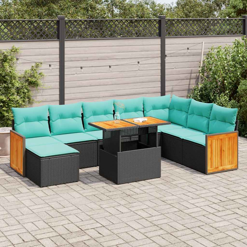 Set Divani da Giardino 11 pz con Cuscini Polyrattan Acacia Nero | homemem39