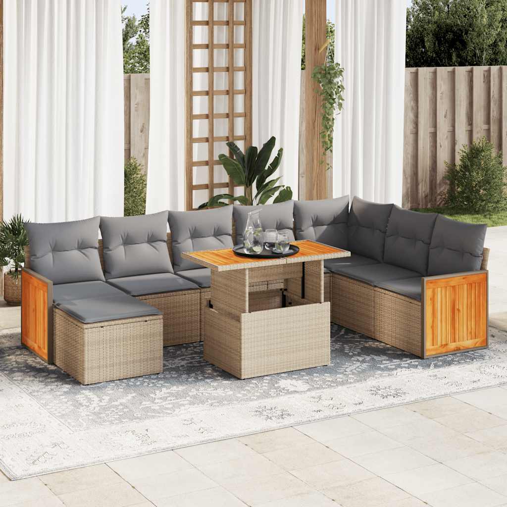 Set Divano da Giardino 9 pz con Cuscini Beige Polyrattan Acacia | homemem39