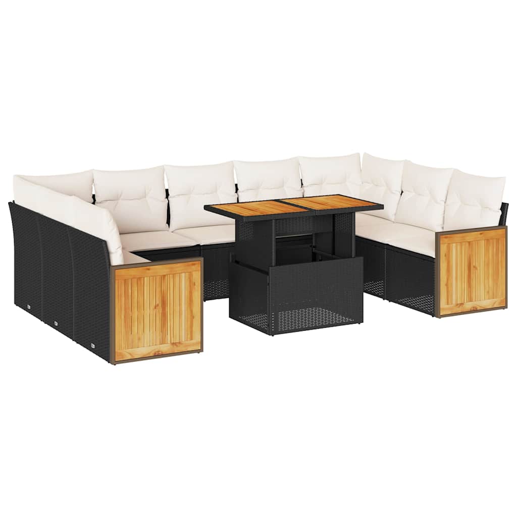 Set Divani Giardino 10pz con Cuscini Nero in Polyrattan Acacia | homemem39