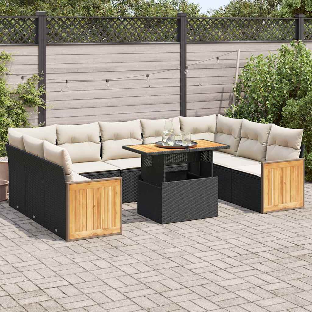 Set Divani Giardino 10pz con Cuscini Nero in Polyrattan Acacia | homemem39
