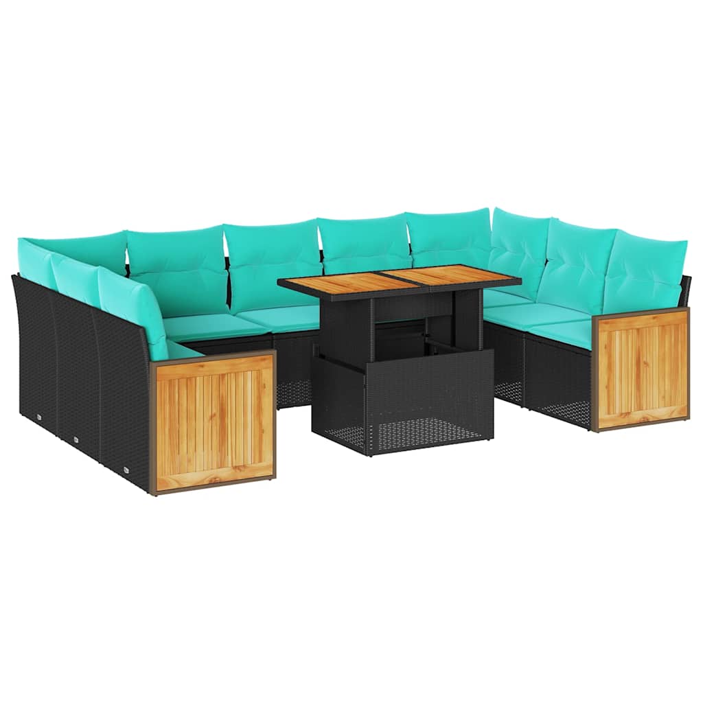 Set Divani Giardino 10pz con Cuscini Nero in Polyrattan Acacia | homemem39