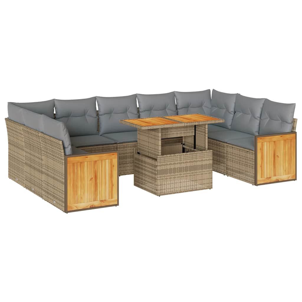 Divano da Giardino 10 pz con Cuscini Beige in Polyrattan Acacia | homemem39