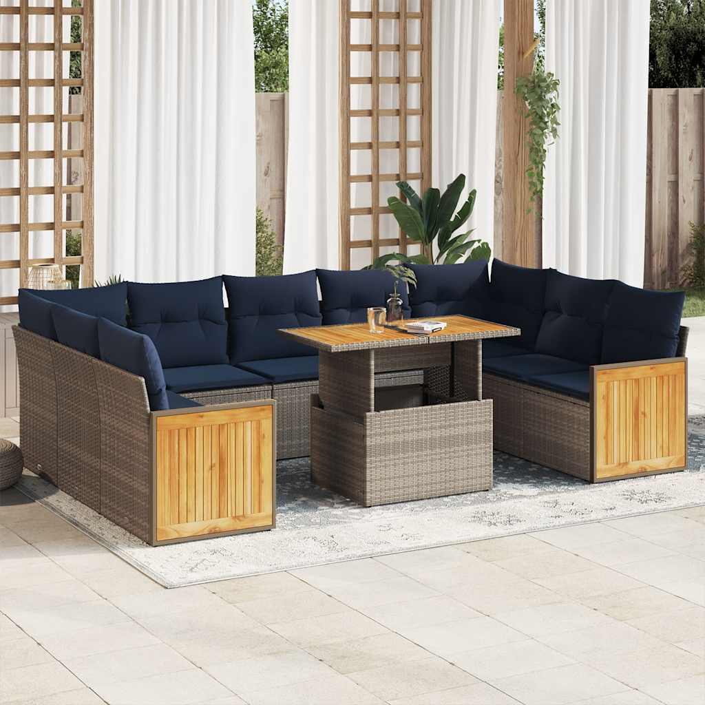 Divano Giardino 10 pz con Cuscini Grigio in Polyrattan Acacia