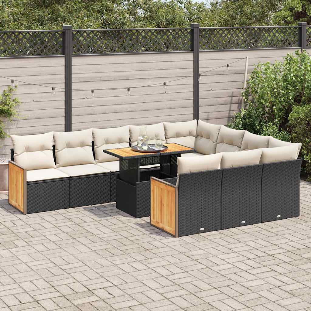 Set Divani da Giardino 11 pz con Cuscini Polyrattan Acacia Nero