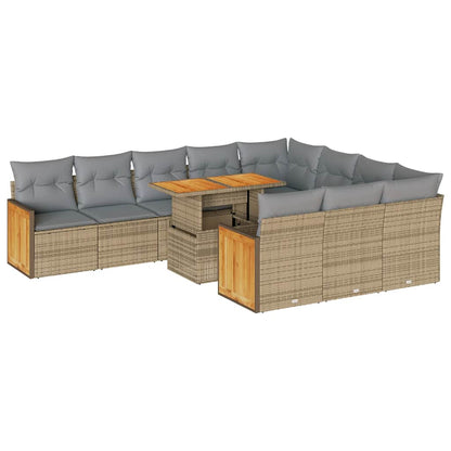 Set Divani da Giardino 11pz con Cuscini Beige Acacia Polyrattan | homemem39
