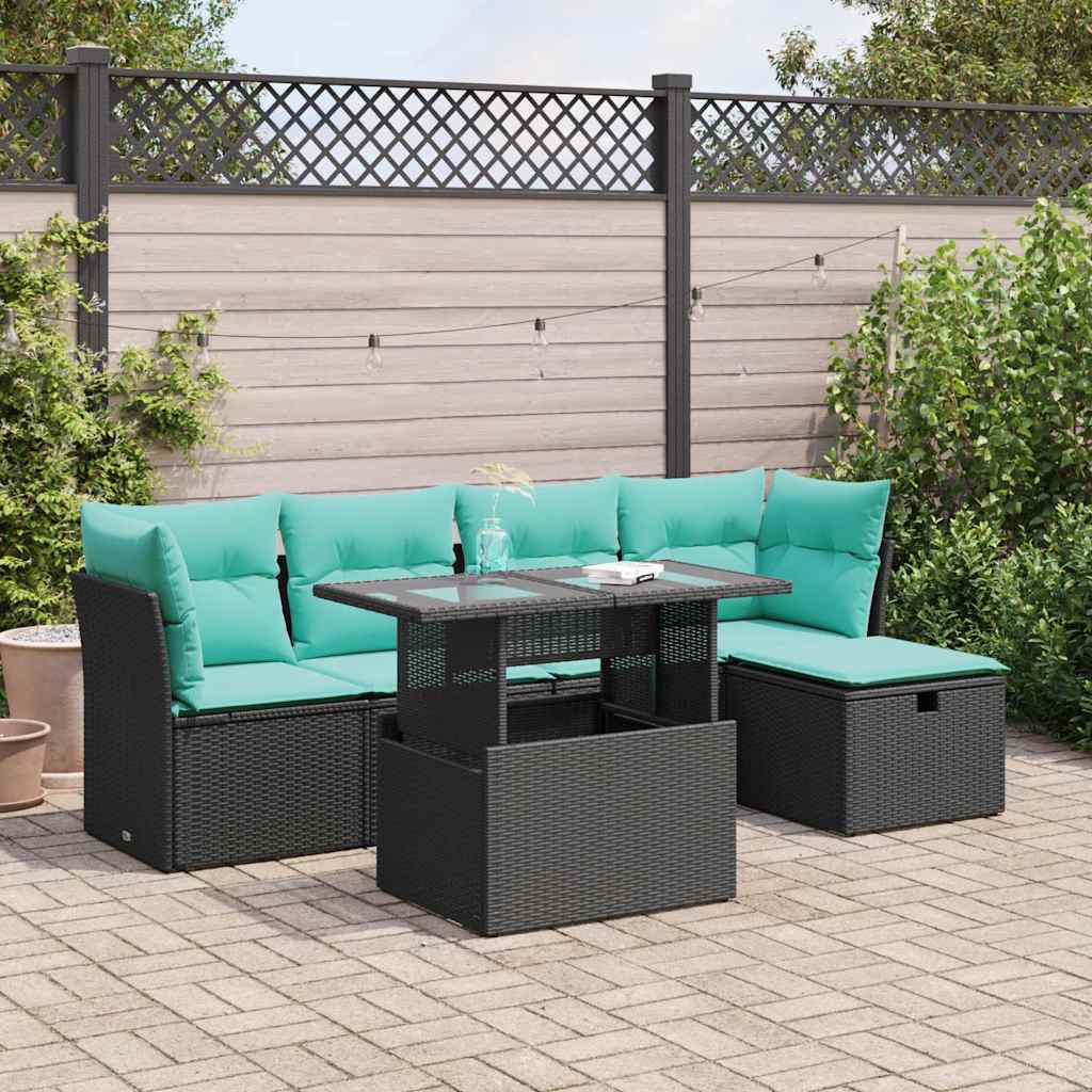 Set Divano da Giardino 6 pz con Cuscini Nero Polyrattan Acacia