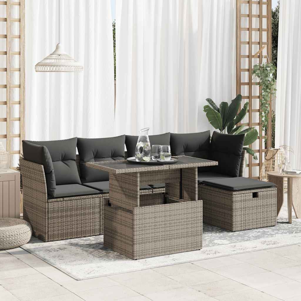 Set Divano da Giardino 6 pz con Cuscini Grigio in Polyrattan