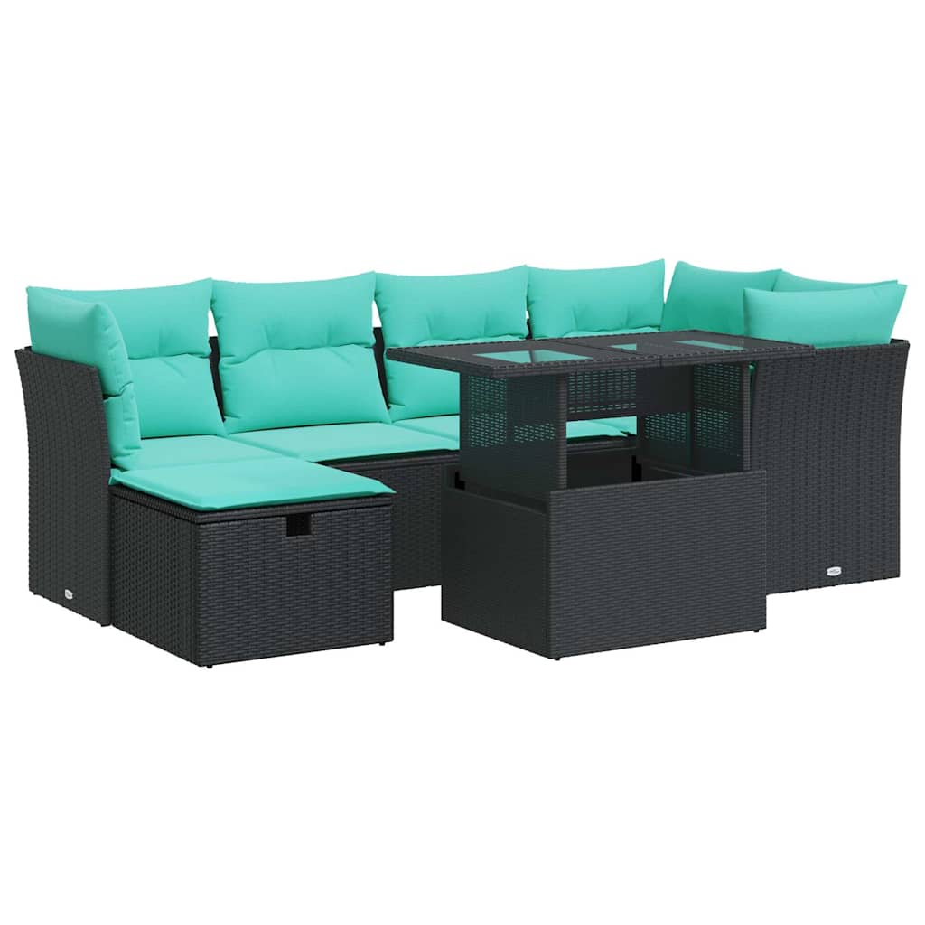 Set Divani da Giardino con Cuscini 7pz Nero Polyrattan Acacia