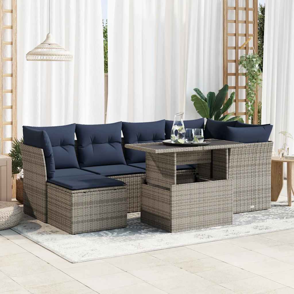 Set Divani da Giardino 7pz con Cuscini Grigio Polyrattan Acacia | homemem39