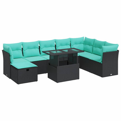 Set Divani da Giardino 9 pz con Cuscini Nero Polyrattan Acacia