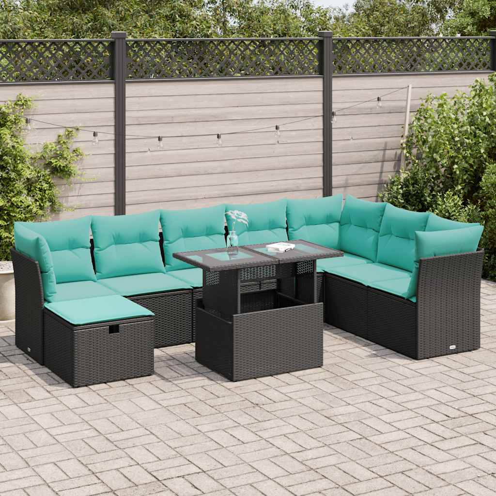 Set Divani da Giardino 9 pz con Cuscini Nero Polyrattan Acacia
