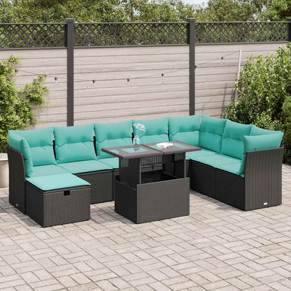 Set Divani da Giardino 9 pz con Cuscini Nero Polyrattan Acacia