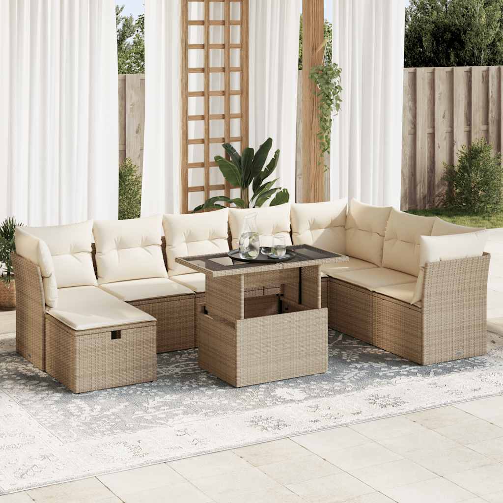 Set Divano da Giardino 9 pz con Cuscini Beige in Polyrattan | homemem39