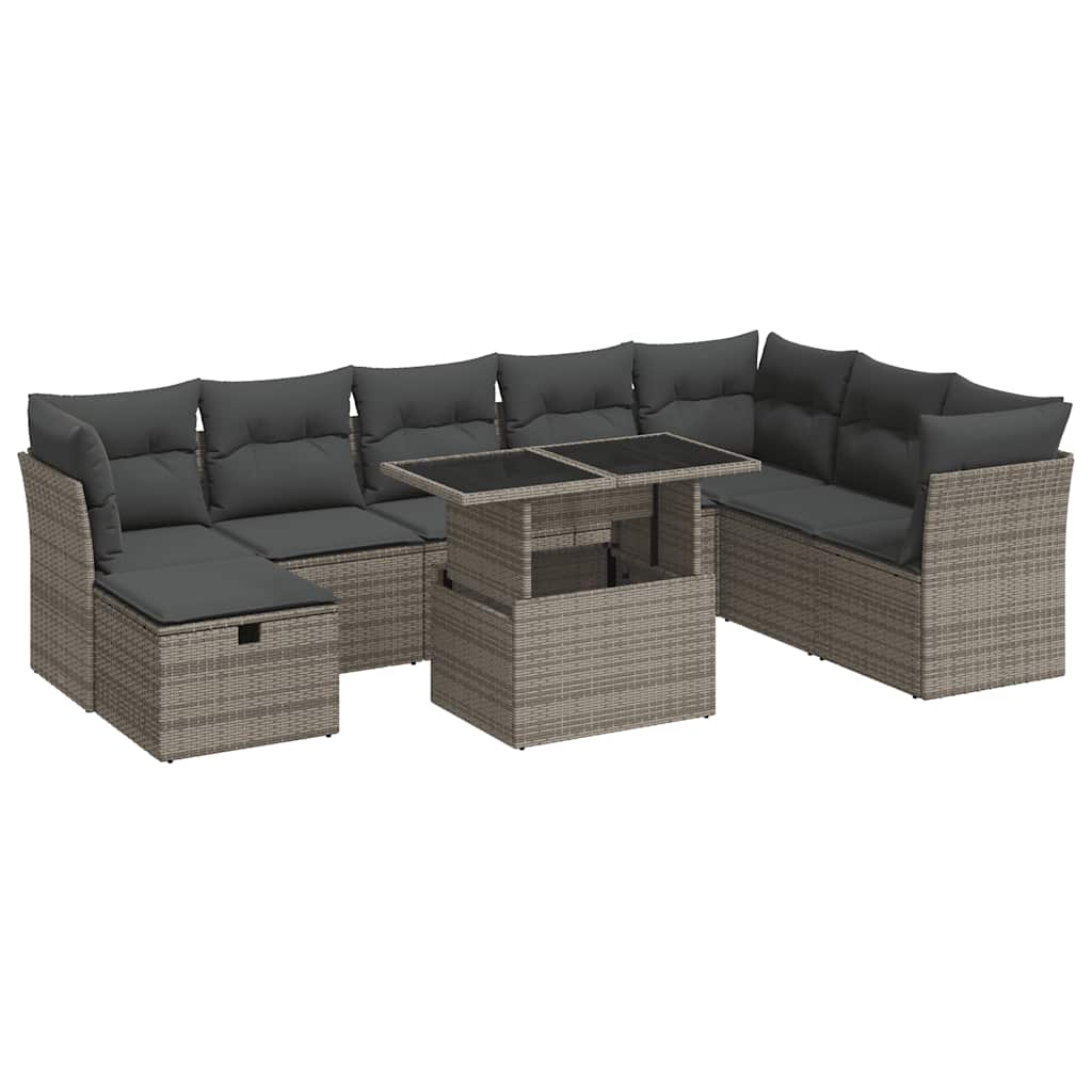 Set Divano da Giardino 9 pz con Cuscini Grigio in Polyrattan