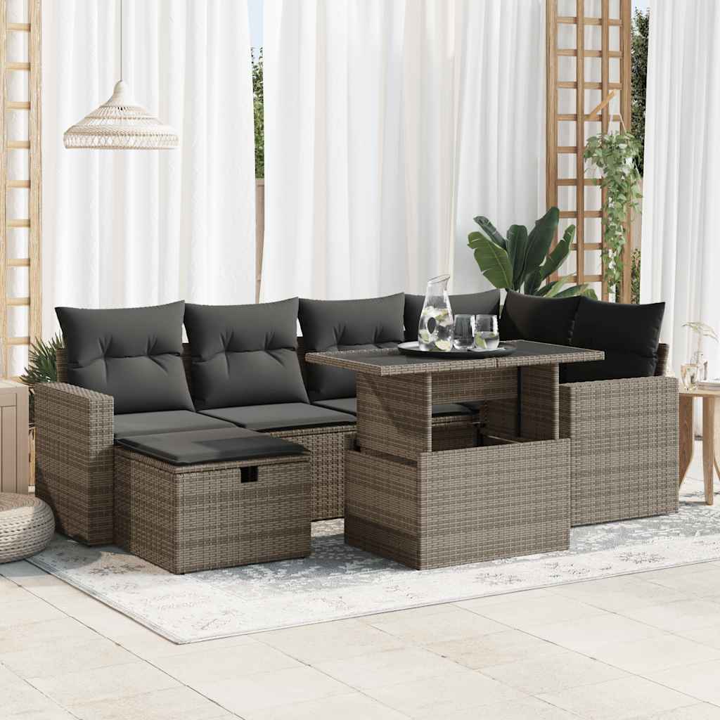 Set Divani da Giardino 7 pz con Cuscini Grigio in Polyrattan