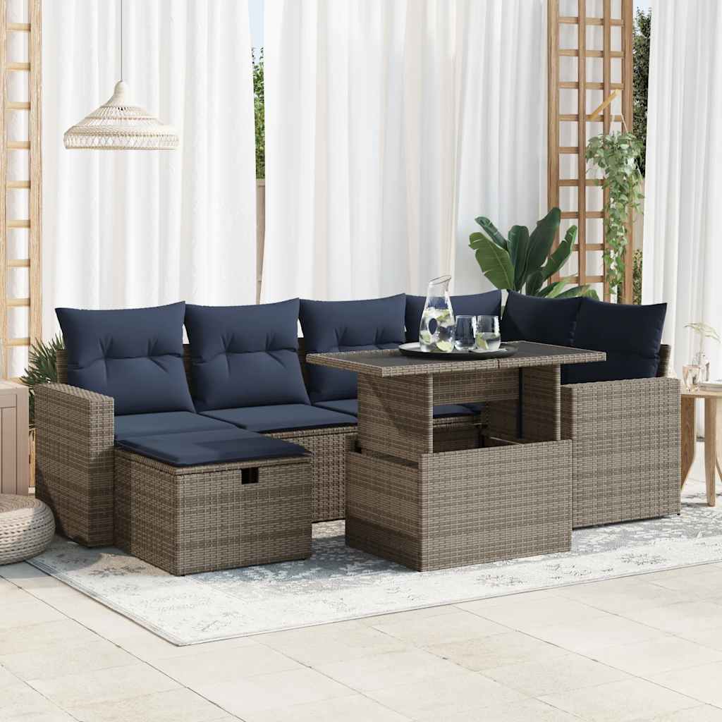 Set Divani Giardino 7 pz con Cuscini Grigio Polyrattan Acacia | homemem39