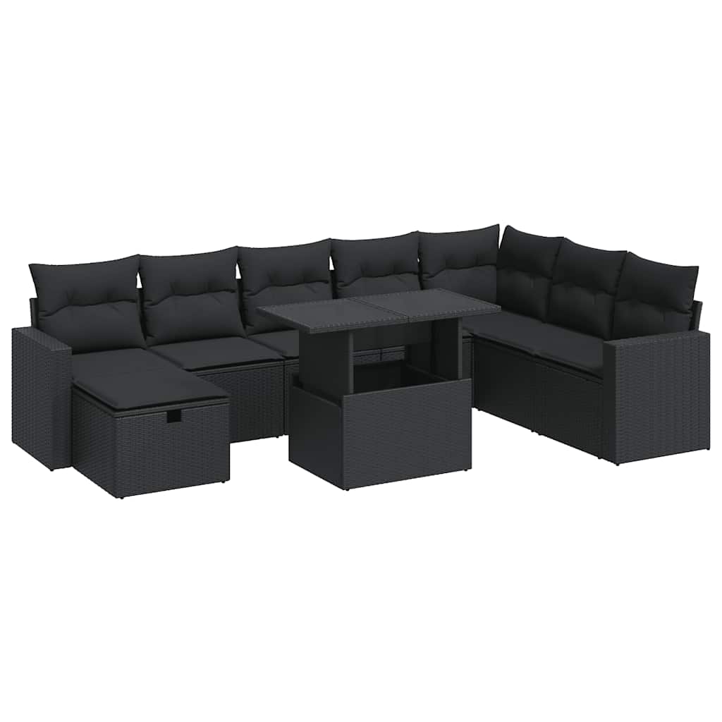 Set Divani da Giardino 9 pz con Cuscini Nero in Polyrattan | homemem39