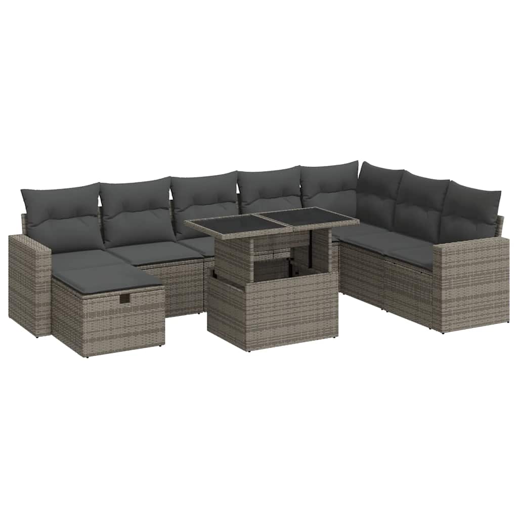Set Divano da Giardino 9 pz con Cuscini Grigio in Polyrattan