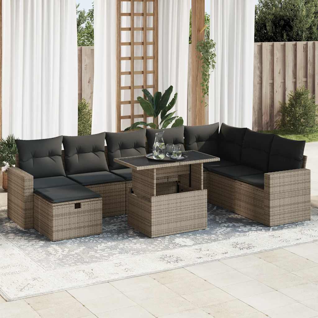 Set Divano da Giardino 9 pz con Cuscini Grigio in Polyrattan | homemem39