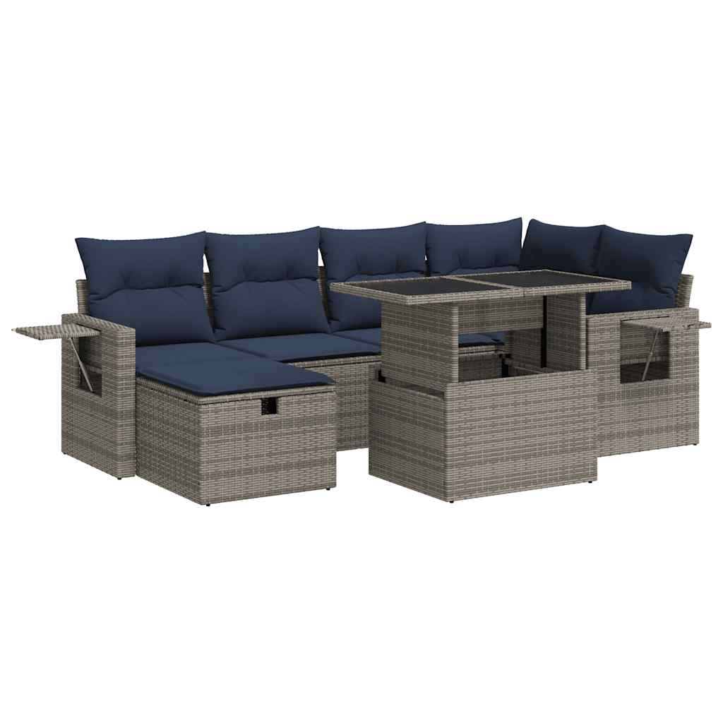 Set Divani Giardino 7 pz con Cuscini Grigio Polyrattan Acacia