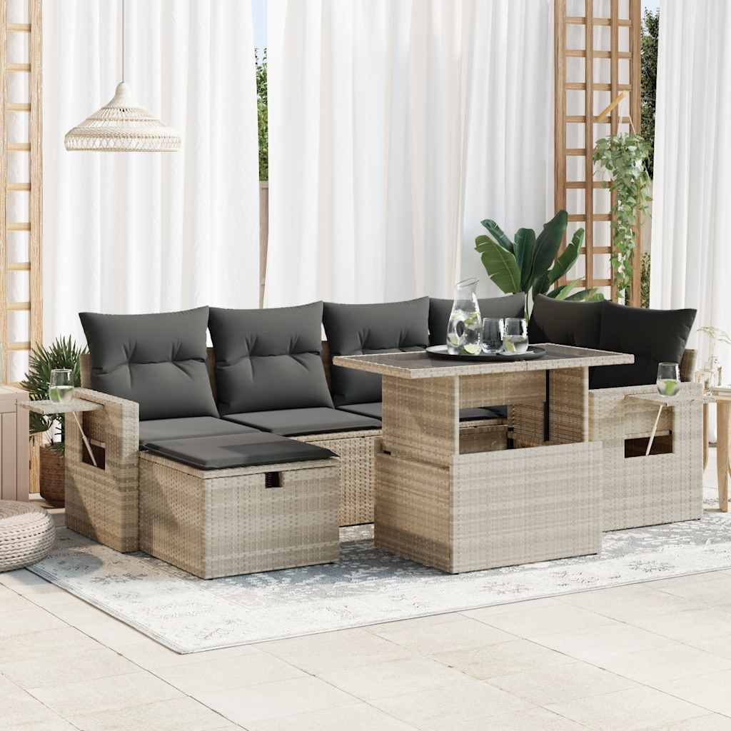 Set Divani da Giardino 7pz con Cuscini Grigio Chiaro Polyrattan