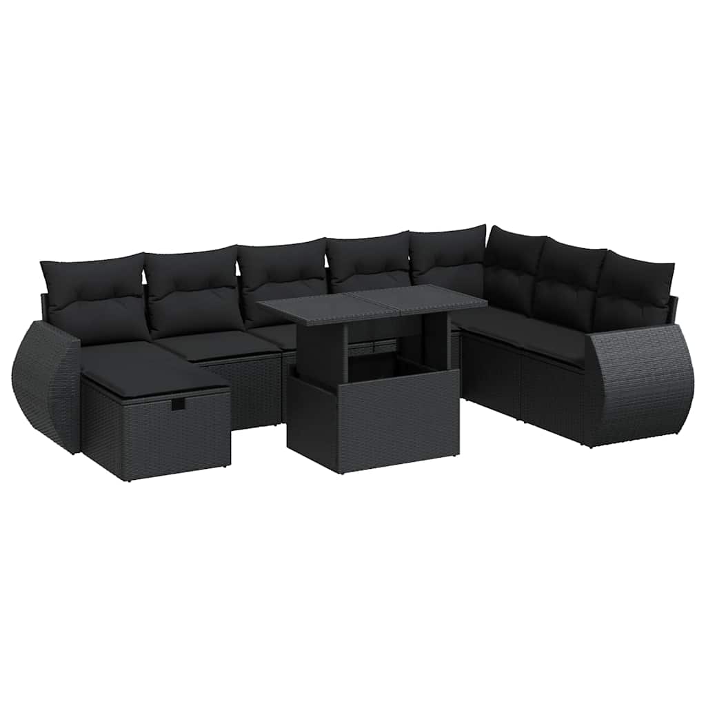 Set Divani da Giardino 9 pz con Cuscini Nero in Polyrattan | homemem39