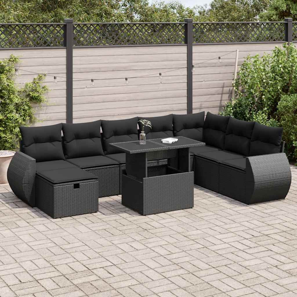 Set Divani da Giardino 9 pz con Cuscini Nero in Polyrattan | homemem39