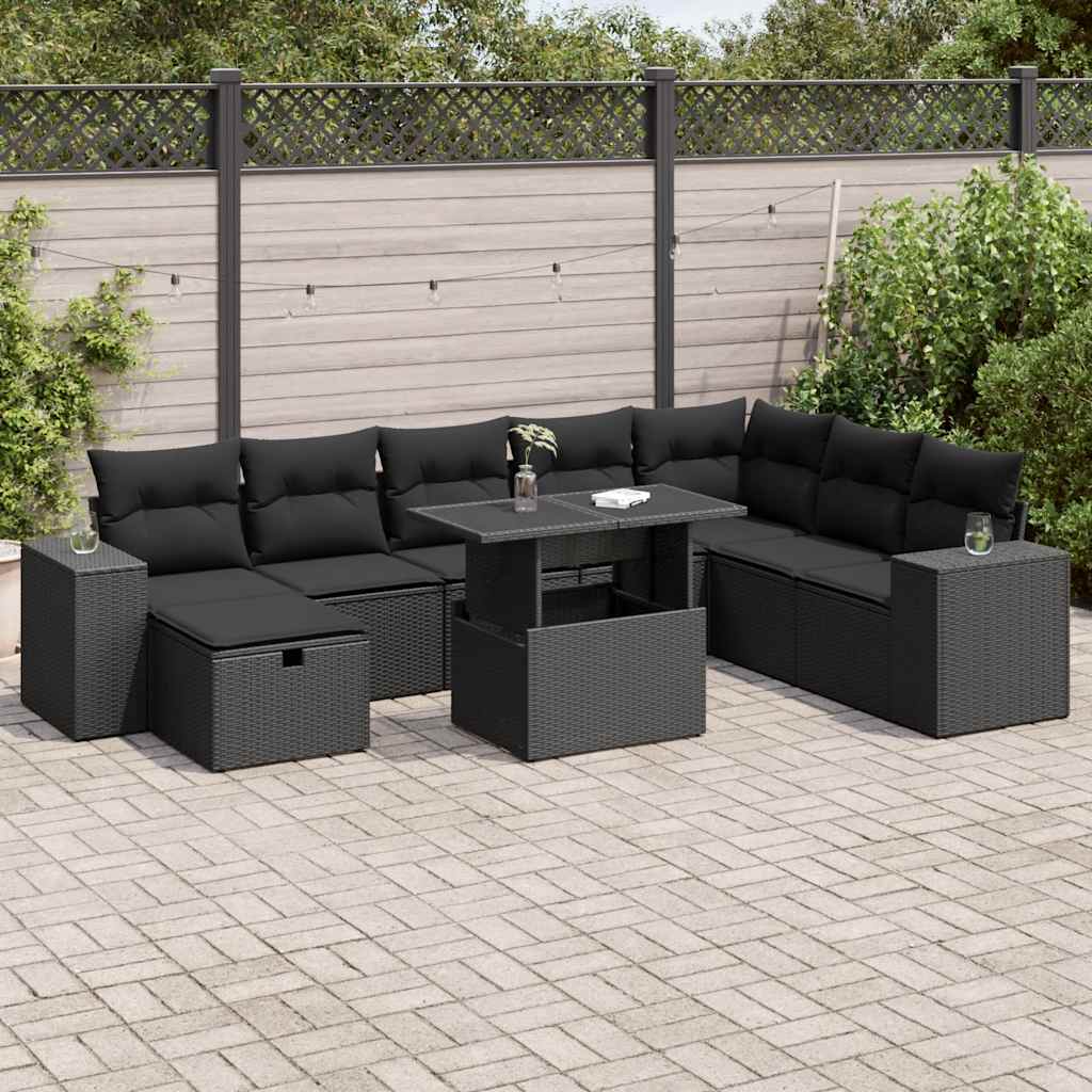 Set Divani da Giardino 9 pz con Cuscini Nero in Polyrattan | homemem39