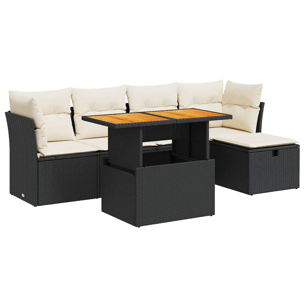 Set Divano da Giardino 6 pz con Cuscini Nero Polyrattan Acacia