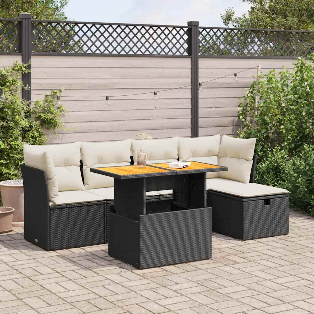 Set Divano da Giardino 6 pz con Cuscini Nero Polyrattan Acacia | homemem39