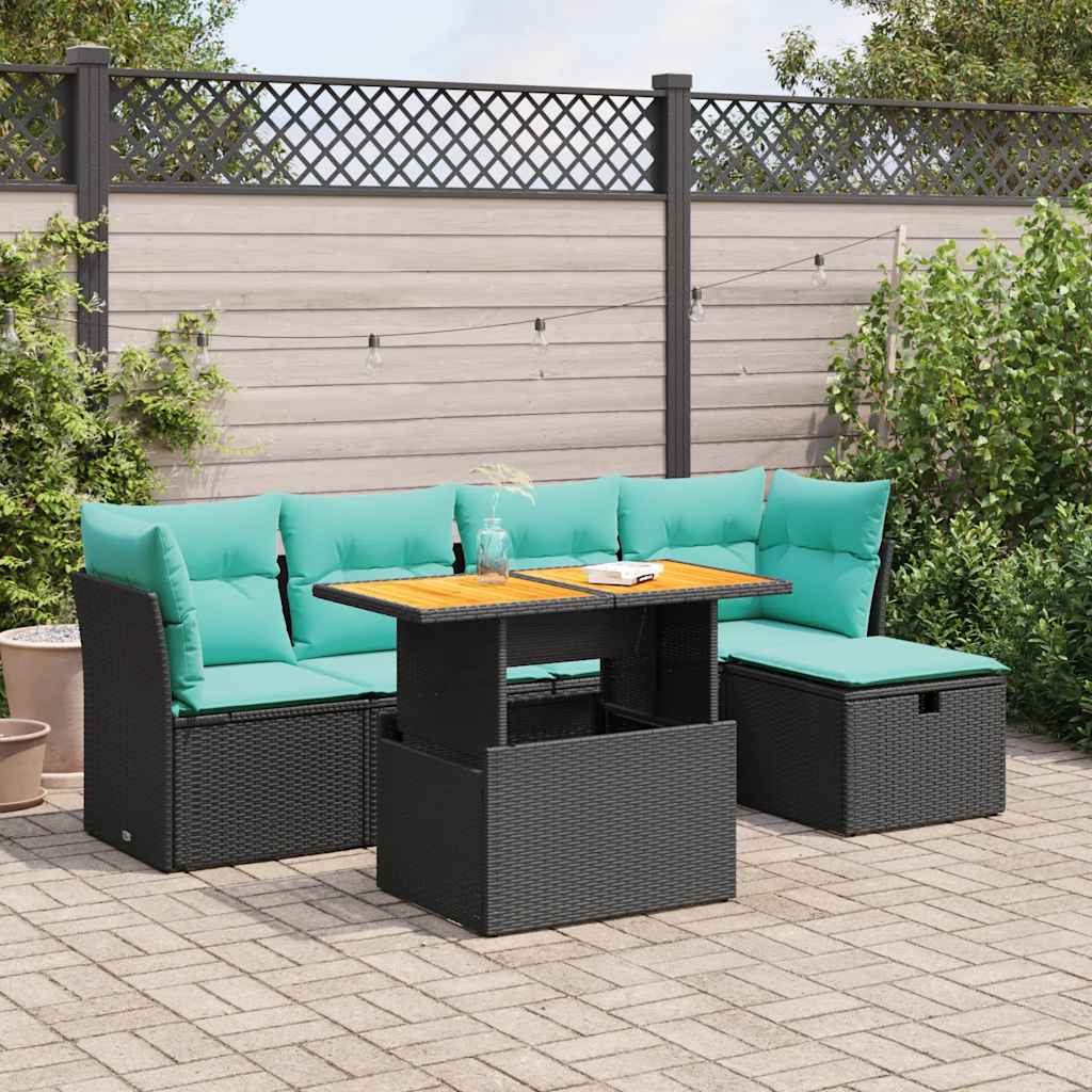 Set Divano da Giardino 6 pz con Cuscini Nero Polyrattan Acacia | homemem39