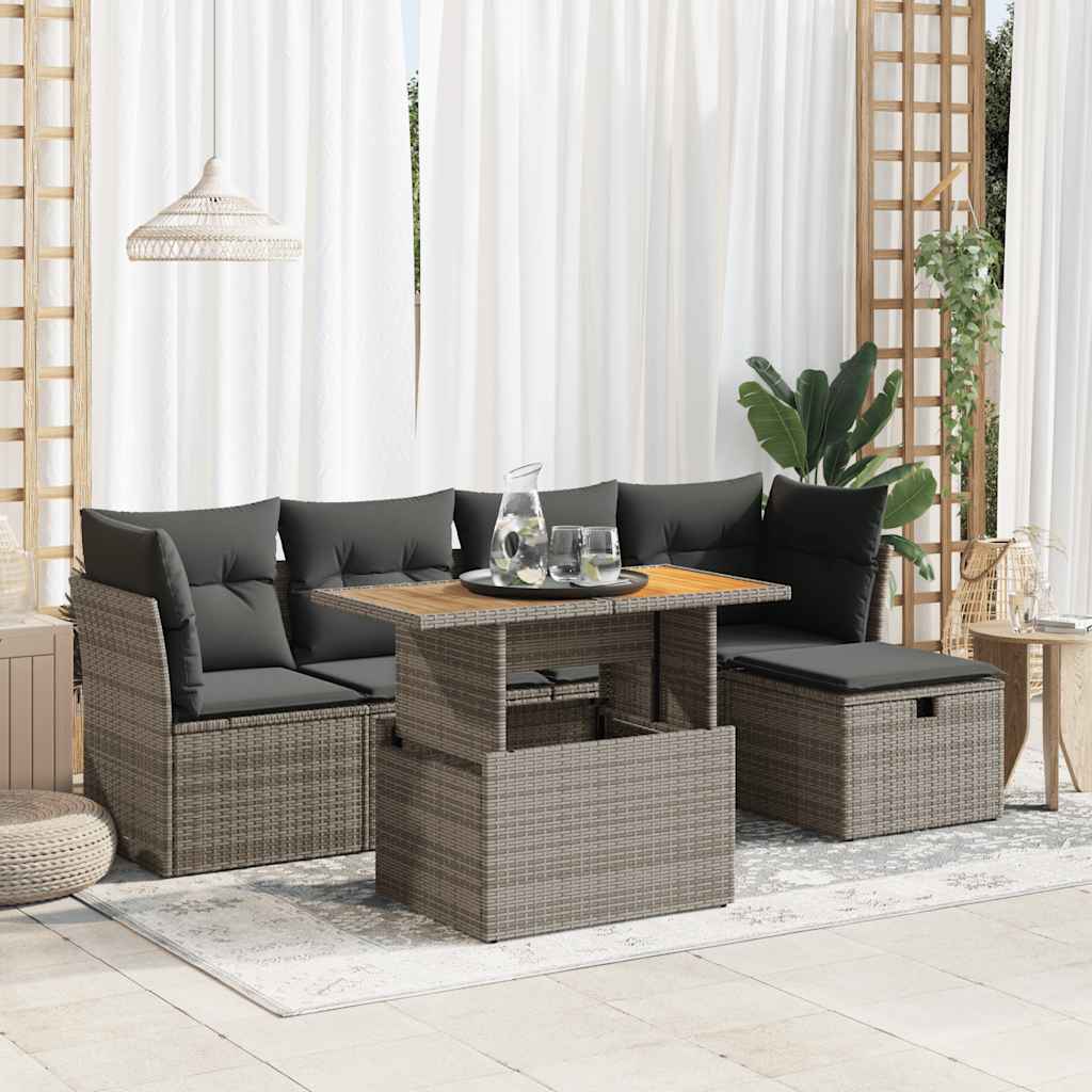 Set Divano da Giardino 6pz con Cuscini Grigio Polyrattan Acacia | homemem39