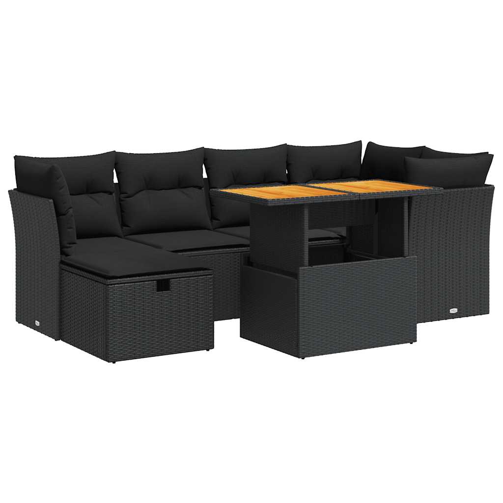 Set Divani da Giardino con Cuscini 7pz Nero Polyrattan Acacia | homemem39