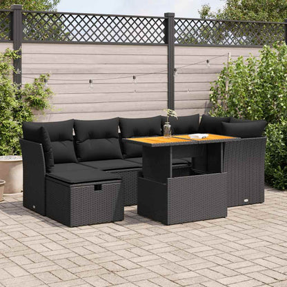 Set Divani da Giardino con Cuscini 7pz Nero Polyrattan Acacia | homemem39