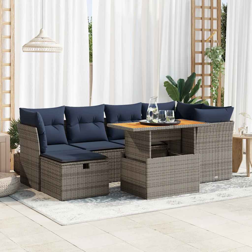 Set Divani da Giardino con Cuscini 7pz Nero Polyrattan Acacia | homemem39