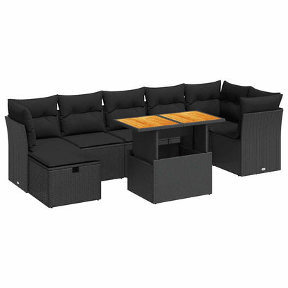 Set Divani da Giardino con Cuscini 8 pz Nero Polyrattan Acacia