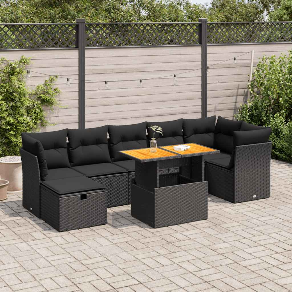 Set Divani da Giardino con Cuscini 8 pz Nero Polyrattan Acacia