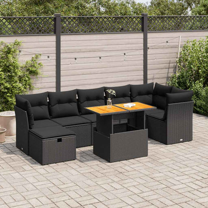 Set Divani da Giardino con Cuscini 8 pz Nero Polyrattan Acacia