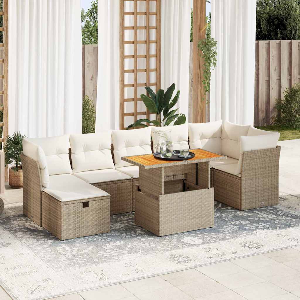 Set Divano da Giardino 8 pz con Cuscini Beige Polyrattan Acacia | homemem39