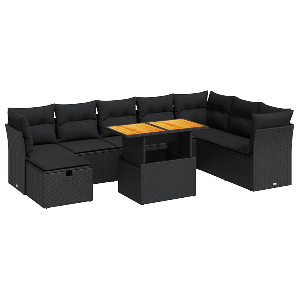 Set Divani da Giardino 9 pz con Cuscini Nero Polyrattan Acacia | homemem39