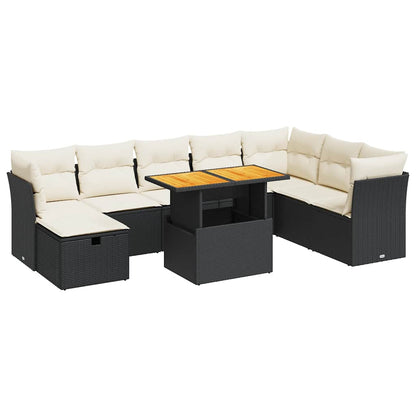 Set Divani da Giardino 9 pz con Cuscini Nero Polyrattan Acacia | homemem39