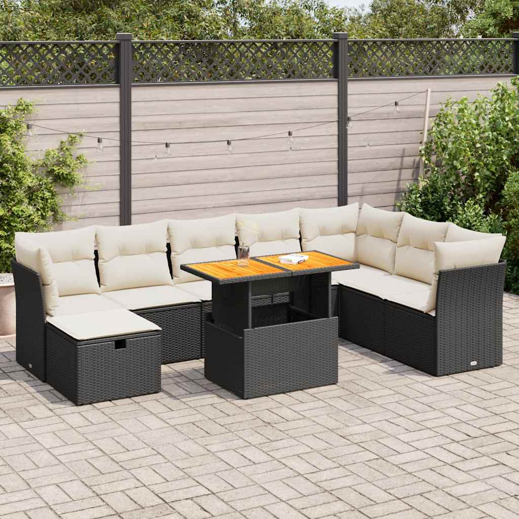 Set Divani da Giardino 9 pz con Cuscini Nero Polyrattan Acacia