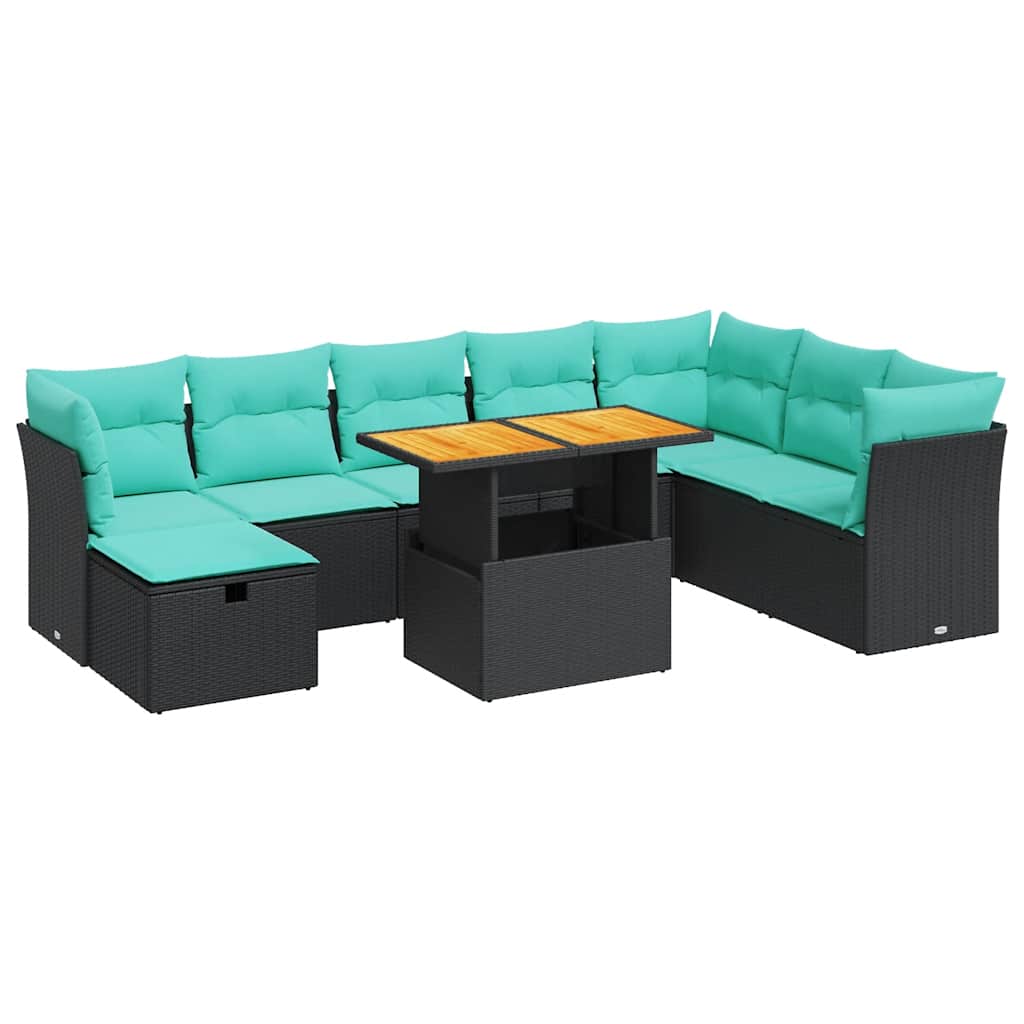 Set Divano da Giardino 9pz con Cuscini Grigio Polyrattan Acacia
