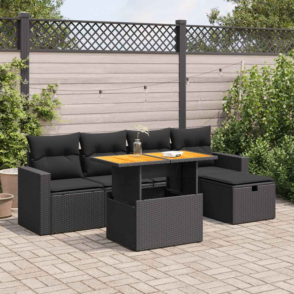 Set Divano da Giardino 6 pz con Cuscini Nero Polyrattan Acacia | homemem39
