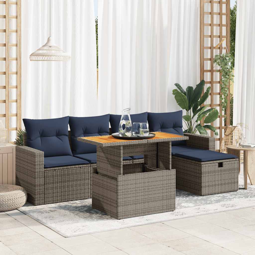 Set Divano da Giardino 6pz con Cuscini Grigio Polyrattan Acacia | homemem39