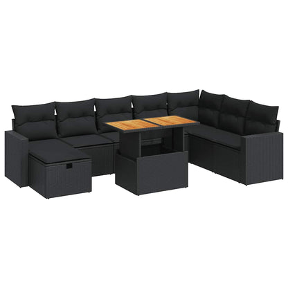 Set Divani da Giardino 9 pz con Cuscini Nero Polyrattan Acacia | homemem39